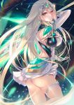  1girl aegis_sword_(xenoblade) armor ass back bangs bare_shoulders blush breasts cleavage cleavage_cutout clothing_cutout dress earrings elbow_gloves gloves highres hinot jewelry large_breasts long_hair looking_at_viewer looking_back mythra_(xenoblade) open_mouth short_dress shoulder_armor sidelocks solo swept_bangs sword thighs tiara weapon white_dress white_gloves xenoblade_chronicles_(series) xenoblade_chronicles_2 yellow_eyes 