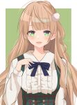  1girl absurdres bangs blue_neckwear blush braid center_frills collared_shirt frilled_shirt frills green_eyes green_skirt hair_pom_pom hand_on_own_chest high-waist_skirt highres indie_virtual_youtuber kapuhedo_(caplico_77) light_brown_hair long_hair long_sleeves looking_at_viewer neck_ribbon open_mouth plaid plaid_skirt ribbon shigure_ui_(vtuber) shirt side_braid skirt smile solo suspender_skirt suspenders swept_bangs virtual_youtuber white_shirt 