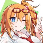  1girl :p blue_eyes breasts cleavage collared_shirt eyewear_on_head girls_frontline glasses hair_between_eyes hair_ornament hairclip kalina_(girls_frontline) large_breasts long_hair looking_at_viewer necktie one_eye_closed one_side_up open_collar orange_hair red-framed_eyewear red_neckwear shirt smile solo tongue tongue_out v white_shirt yuki_shiro 