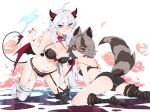  2girls aetherion animal_ears ass blue_eyes blush breasts commentary commission demon_girl demon_horns demon_tail demon_wings eyebrows_visible_through_hair highres horns indie_virtual_youtuber large_breasts multiple_girls navel orange_eyes pointy_ears pubic_tattoo raccoon_ears raccoon_girl raccoon_tail second-party_source small_breasts snuffy_(vtuber) stomach tail tattoo vei_(vtuber) virtual_youtuber vshojo white_hair wings 