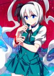  1girl bangs black_hairband black_neckwear black_ribbon blue_choker blue_eyes blush choker closed_mouth collared_shirt colored_eyelashes cowboy_shot eyebrows_visible_through_hair green_skirt green_vest hair_ribbon hairband highres holding holding_umbrella konpaku_youmu konpaku_youmu_(ghost) looking_at_viewer miniskirt neck_ribbon outdoors rain ribbon sazanami_mio shirt short_hair silver_hair skirt solo touhou umbrella vest white_shirt 