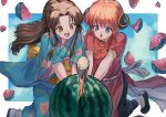  2girls bangs black_hair blue_eyes blunt_bangs bun_cover chinese_clothes double_bun food fruit gintama hair_ornament highres japanese_clothes kagura_(gintama) kimono long_hair long_sleeves merukoodo multiple_girls open_mouth orange_hair short_hair smile suikawari tokugawa_soyo watermelon wide_sleeves 