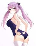  1girl absurdres ass ass_cutout bare_arms bare_shoulders blue_swimsuit breasts closed_mouth clothing_cutout cowboy_shot dated_commentary hair_ribbon heart_cutout highres kano_(wi3028) leaning_forward long_hair looking_at_viewer looking_back medium_breasts one-piece_swimsuit original purple_eyes purple_hair ribbon simple_background solo standing sweatdrop swimsuit thighhighs twintails white_background white_legwear 