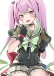  1girl absurdres bangs black_choker black_gloves blush bow bowtie choker commentary_request eyebrows_visible_through_hair fang garter_straps gloves green_hair green_neckwear hair_between_eyes highres holding holding_hair kantai_collection long_hair looking_at_viewer momo_(kancolle) multicolored_hair open_mouth pink_eyes pink_hair pleated_skirt sailor_collar school_uniform serafuku short_sleeves sidelocks simple_background skin_fang skirt solo twintails very_long_hair white_background yunamaro 