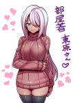  1girl blue_eyes breasts closed_mouth eyepatch higashihara_(higashihara_channel) highres indie_virtual_youtuber long_hair looking_at_viewer simple_background smile solo sweater thighhighs tukiwani turtleneck turtleneck_sweater virtual_youtuber white_background 