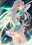  1girl aegis_sword_(xenoblade) armor ass back bangs bare_shoulders blush breasts cleavage cleavage_cutout clothing_cutout dress earrings elbow_gloves gloves glowing_lines highres hinot jewelry large_breasts long_hair looking_at_viewer looking_back mythra_(xenoblade) open_mouth short_dress shoulder_armor sidelocks solo swept_bangs sword thighs tiara weapon white_dress white_gloves xenoblade_chronicles_(series) xenoblade_chronicles_2 yellow_eyes 
