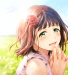  1girl 2018 :d amami_haruka blurry blurry_background blush brown_hair dated floating_hair flower from_side green_eyes hair_flower hair_ornament highres idolmaster idolmaster_(classic) nogoodlife open_mouth outdoors pink_flower portrait shirt short_hair sleeveless sleeveless_shirt smile solo white_shirt 