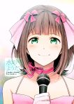  1girl amami_haruka bangs bow brown_hair character_name choker closed_mouth collarbone cover cover_page doujin_cover eyebrows_visible_through_hair gloves green_eyes hair_bow holding holding_microphone idolmaster idolmaster_(classic) looking_at_viewer medium_hair microphone nogoodlife pink_bow pink_ribbon portrait ribbon ribbon_choker smile solo spaghetti_strap white_gloves 