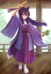  1girl animal_ears arm_up bangs bell black_hair blush brown_eyes closed_mouth eyebrows_visible_through_hair fang fang_out floating_hair full_body hair_between_eyes hair_ornament hairclip hakama highres iroha_(iroha_matsurika) japanese_clothes jingle_bell kagura_suzu kimono kunoichi-chan_(iroha_(iroha_matsurika)) long_hair long_sleeves miko open_clothes original ponytail purple_hakama smile socks solo standing tabi tail thick_eyebrows very_long_hair white_kimono white_legwear wide_sleeves wolf_ears wolf_girl wolf_tail wooden_floor x_hair_ornament 