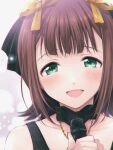  1girl :d amami_haruka bangs black_choker blush brown_hair chain choker collarbone eyebrows_visible_through_hair green_eyes hair_ribbon highres holding holding_microphone idolmaster idolmaster_(classic) jewelry looking_at_viewer microphone necklace nogoodlife open_mouth portrait ribbon shiny shiny_hair short_hair smile solo yellow_ribbon 