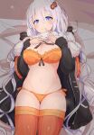  1girl black_coat blue_eyes bra braid breasts coat commentary cowboy_shot finger_to_mouth frilled_bra frills fur-trimmed_coat fur_trim hair_ornament half-closed_eyes kizuna_akari kujira_hebi lingerie long_hair looking_at_viewer lying medium_breasts on_back orange_bra orange_legwear skindentation smile solo thighhighs thong twin_braids underwear very_long_hair vocaloid voiceroid white_hair 