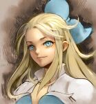  1girl blonde_hair blue_eyes bow bravely_default:_flying_fairy bravely_default_(series) closed_mouth edea_lee hair_bow long_hair lowres smile solo uboar 