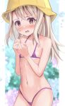  1girl absurdres bangs bare_shoulders bikini blush breasts collarbone fate/kaleid_liner_prisma_illya fate_(series) hair_between_eyes hat highleg highleg_bikini highres illyasviel_von_einzbern long_hair looking_at_viewer micro_bikini open_mouth pan_korokorosuke purple_bikini red_eyes sidelocks small_breasts solo swimsuit tearing_up white_hair yellow_headwear 