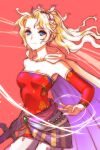  1girl blonde_hair blue_eyes breasts cape closed_mouth detached_sleeves dissidia_final_fantasy dress earrings elbow_gloves final_fantasy final_fantasy_vi gloves jewelry long_hair looking_at_viewer p-kana pantyhose ponytail simple_background solo sword tina_branford weapon 