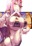  1girl bb_(fate) bb_(fate)_(all) bikini breasts earrings eyewear_on_head fate/grand_order fate_(series) grin highres jewelry large_breasts long_hair looking_at_viewer mouth_hold navel pink_hair shirt_in_mouth skindentation smile solo star-shaped_eyewear sunglasses swimsuit uo_denim 