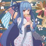  1girl amekaze_yukinatsu blue_hair bow commentary_request copyright_request crepe eating eyebrows_behind_hair floral_background floral_print food food_wrapper fruit hair_bow holding holding_food japanese_clothes kimono kotonoha_aoi light_blush long_hair looking_at_viewer low_tied_hair lowres pink_eyes solo strawberry very_long_hair wide_sleeves 