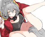  1girl animal_ear_fluff animal_ears arknights black_shirt blush bottomless breasts commentary grey_hair hair_between_eyes hjl_(15623862639) jacket large_breasts long_hair looking_at_viewer mask mask_around_neck navel open_clothes open_jacket projekt_red_(arknights) red_jacket shirt simple_background solo spread_legs tail tail_censor white_background wolf_ears wolf_girl wolf_tail yellow_eyes 