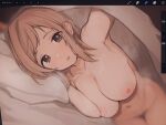  1girl armpits bangs bed_sheet blanket blurry blush breasts breath brown_eyes cleavage collarbone completely_nude depth_of_field dutch_angle female_pubic_hair idolmaster idolmaster_shiny_colors indoors large_breasts light_brown_hair looking_at_viewer lying medium_hair misekai_555 navel nipples nose_blush nude on_bed on_side open_mouth pillow pubic_hair pussy sakuragi_mano solo sweat swept_bangs under_covers 