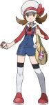  1girl bag blue_overalls bow brown_eyes brown_hair cabbie_hat closed_mouth eyelashes full_body hand_up hat hat_ribbon highres holding holding_poke_ball holding_strap knees long_hair lyra_(pokemon) official_art overalls pigeon-toed poke_ball poke_ball_(basic) pokegear pokemon pokemon_(game) pokemon_hgss red_bow red_footwear red_ribbon red_shirt ribbon shirt shoes smile solo standing sugimori_ken thighhighs transparent_background twintails white_headwear white_legwear yellow_bag 