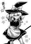  1girl apron bow braid breasts character_name commentary_request dress greyscale hair_bow hat highres kirisame_marisa long_hair looking_at_viewer monochrome smile solo teeth touhou translated tukiwani witch_hat 