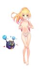  1girl ass_visible_through_thighs backpack bag bangs barefoot blonde_hair blunt_bangs braid breasts cameltoe caron_(straycat910) collarbone commentary_request cosmog floating_hair full_body gen_7_pokemon green_eyes heart holding_strap knees knees_together legendary_pokemon lillie_(pokemon) long_hair looking_at_viewer navel nipples panties pigeon-toed pink_bag pokemon pokemon_(creature) pokemon_(game) pokemon_sm ponytail simple_background standing topless underwear white_background 