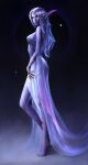  1girl absurdres alisa_nilsen azralith_(warcraft) barefoot barefoot_sandals blue_hair breasts claw_ring closed_mouth colored_skin commentary commission dress earrings elf english_commentary from_side gem highres jewelry long_dress long_hair looking_at_viewer looking_to_the_side medium_breasts night_elf pointy_ears purple_nails purple_skin red_eyes smile solo toenails warcraft world_of_warcraft 
