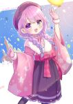  1girl :d apron beret blush braid chocomarybadend clenched_hand fur-trimmed_gloves fur_scarf fur_trim gloves gradient_hair green_eyes hakama_skirt hat heterochromia highres himemori_luna hololive japanese_clothes kimono long_hair looking_at_viewer low_twin_braids multicolored_hair official_alternate_costume open_mouth pantyhose pink_gloves pink_hair pink_kimono purple_eyes purple_hair smile solo thighhighs twin_braids virtual_youtuber waist_apron waving wide_sleeves 