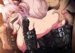  1girl 3boys all_fours animal_ear_fluff animal_ears ass bangs bdsm bit_gag blush bondage bondage_mittens bound breasts collar collarbone doggystyle double_bun fate/grand_order fate_(series) fox_ears fox_girl fox_tail gag glasses hanging_breasts hetero horosuke human_dog koyanskaya_(fate) large_breasts long_hair looking_at_viewer male_pubic_hair multiple_boys nipples nude penis pink_hair pubic_hair restrained sex sex_from_behind sidelocks sweat tail tassel teeth thighs yellow_eyes 