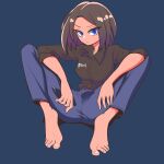  1girl barefoot black_shirt blue_background blue_eyes blue_pants brown_hair collared_shirt elflorri feet full_body highres knees_up legs long_sleeves looking_at_viewer medium_hair mole mole_under_eye pants samsung samsung_sam shirt simple_background solo standing toes white_nails 
