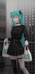  1girl 7-eleven absurdres aqua_hair asymmetrical_legwear bag belt black_choker black_legwear black_nails black_shirt black_skirt blue_eyes choker cityscape closed_mouth cross darr1o ear_piercing english_commentary feet_out_of_frame fishnet_legwear fishnets gothic hatsune_miku hatsune_miku_expo high-waist_skirt highres long_sleeves miniskirt outdoors piercing plastic_bag shirt shopping_bag skirt solo twintails vocaloid 