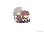  1boy 1girl armor chibi closed_eyes gloves hair_ribbon highres jin_(xenoblade) long_hair lora_(xenoblade) mochimochi_(xseynao) parted_lips pauldrons red_hair ribbon short_hair shoulder_armor simple_background smile white_hair xenoblade_chronicles_(series) xenoblade_chronicles_2 xenoblade_chronicles_2:_torna_-_the_golden_country yellow_eyes 