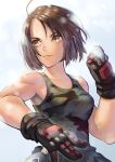  1girl ahoge bangs black_gloves breasts brown_hair camouflage_tank_top closed_mouth collarbone gloves green_tank_top hinoru_saikusa justice_gakuen kazama_akira medium_breasts muscular muscular_female parted_bangs short_hair solo tank_top upper_body white_background yellow_eyes 