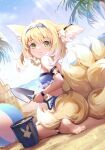  1girl animal_ears anklet arknights asc11 ball bandeau bangs bare_arms bare_shoulders barefoot beach beachball bikini blonde_hair blue_bikini blue_hairband blue_sky bucket chinese_commentary commentary_request day eyebrows_visible_through_hair fox_ears fox_tail hair_ornament hairband highres holding holding_shovel jewelry multiple_tails outdoors palm_tree revision sand_castle sand_sculpture short_hair shovel sitting sky soles solo star_(symbol) star_hair_ornament strapless strapless_bikini suzuran_(arknights) swimsuit tail toes tree wariza yellow_eyes 