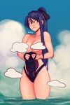  1girl absurdres artist_name black_ribbon blue_hair blue_sky blue_swimsuit blush breasts censored closed_mouth cloud cloudy_sky collarbone commentary cowboy_shot eiyuu_densetsu english_commentary groin hair_between_eyes hair_ribbon highleg highleg_swimsuit highres holding holding_swimsuit laura_s._arseid lips long_hair medium_breasts ponytail raichiyo33 red_eyes ribbon sen_no_kiseki signature sky solo swimsuit swimsuit_removed thighs topless wading water 