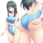  1girl adjusting_clothes ass bare_arms bare_shoulders black_hair blue_eyes blue_swimsuit breasts closed_mouth collarbone commentary_request competition_swimsuit covered_navel cowboy_shot eyebrows_visible_through_hair highleg highleg_swimsuit highres kazama_touko large_breasts long_hair looking_at_viewer multicolored multicolored_clothes multicolored_swimsuit multiple_views muvluv muvluv_alternative one-piece_swimsuit pataneet shiny shiny_hair simple_background standing striped striped_swimsuit swimsuit white_background white_swimsuit 