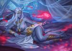  1girl anklet azralith_(warcraft) bare_shoulders barefoot bracelet breasts cleavage colored_skin commission dress ear_piercing earrings elf fingernails grey_skin hair_spread_out highres jewelry large_breasts legs long_eyebrows long_hair lying magic night_elf nipples nude on_side parted_lips piercing pointy_ears pussy solo sunkeytail sweat warcraft white_dress white_hair white_nails yellow_eyes 