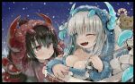  2girls absurdres aqua_horns bare_shoulders black_hair breasts candy candy_cane chimney cleavage ebimomo fangs food fur_trim grey_hair highres hood hood_up horns horns_through_hood large_breasts long_hair looking_at_viewer multiple_girls one_eye_closed open_mouth original red_eyes red_horns rope smile snow stuffed_animal stuffed_toy teddy_bear tree 