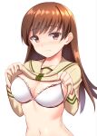  1girl bangs bra breasts brown_eyes brown_hair closed_mouth eyebrows_visible_through_hair kantai_collection lifted_by_self long_hair looking_at_viewer medium_breasts navel ooi_(kancolle) school_uniform simple_background solo tokyo_yamane underwear white_background white_bra 