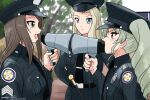  3girls alternate_headwear anchovy_(girls_und_panzer) arms_behind_back artist_name bangs baton belt black_belt black_headwear black_neckwear black_pants black_shirt blonde_hair blue_eyes brown_eyes brown_hair clara_(girls_und_panzer) closed_mouth commentary crossover dated dress_shirt drill_hair emblem frown girls_und_panzer green_hair hat holding holding_megaphone insignia long_hair looking_at_another matsui_yasutsugu megaphone mika_(girls_und_panzer) multiple_girls necktie open_mouth pants parade_rest parody peaked_cap police police_academy_(series) police_hat police_uniform policewoman red_eyes shirt signature smile standing_at_attention twin_drills twintails uniform wing_collar 
