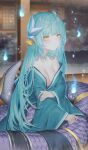  1girl aqua_hair aqua_kimono breasts dmith dragon_girl dragon_horns fate/grand_order fate_(series) highres horns japanese_clothes kimono kiyohime_(fate) lamia long_hair medium_breasts monster_girl multiple_horns off_shoulder solo very_long_hair wide_sleeves yellow_eyes 