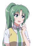  1girl :d bangs blush collared_shirt commentary eyebrows_visible_through_hair green_eyes green_hair green_neckwear hand_up higurashi_no_naku_koro_ni long_hair looking_to_the_side mugisawa_(kmh0d) necktie open_clothes open_mouth open_vest ponytail school_uniform shirt short_sleeves simple_background smile solo sonozaki_mion sweatdrop vest white_background white_shirt 