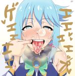  1girl after_fellatio aqua_(konosuba) bangs blue_eyes blue_hair blush cum cum_bubble cum_in_mouth cum_on_tongue daroon5 eyebrows_visible_through_hair facial heavy_breathing highres kono_subarashii_sekai_ni_shukufuku_wo! long_hair looking_at_viewer male_pubic_hair mouth_pull nose_bubble open_mouth pubic_hair simple_background solo teeth tongue tongue_out translated white_background 