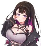  1girl adjusting_hair bare_shoulders black_hair black_jacket breasts chest_harness cleavage closed_mouth collar colored_inner_hair earrings harness jacket jewelry koinoya_mai large_breasts long_hair looking_at_viewer mole mole_under_eye multicolored_hair off_shoulder osakilo propro_production purple_eyes purple_hair simple_background smile solo two-tone_hair upper_body virtual_youtuber white_background 