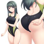  1girl adjusting_clothes ass bare_arms bare_shoulders black_hair black_swimsuit blue_eyes breasts closed_mouth collarbone commentary_request competition_swimsuit covered_navel cowboy_shot eyebrows_visible_through_hair green_swimsuit highleg highleg_swimsuit highres kazama_touko large_breasts long_hair looking_at_viewer multicolored multicolored_clothes multicolored_swimsuit multiple_views muvluv muvluv_alternative one-piece_swimsuit pataneet shiny shiny_hair simple_background standing striped striped_swimsuit swimsuit white_background 
