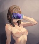  1girl breasts brown_hair covering_eyes ear_piercing english_text gradient gradient_background grey_background highres holding holding_phone medium_breasts medium_hair nipples nude phone piercing samsung samsung_sam shadow solo sushoartworks upper_body 