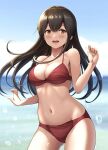  1girl :d akagi_(kancolle) ass_visible_through_thighs bangs bare_arms bare_shoulders bikini blue_sky blush breasts brown_eyes brown_hair bubble cleavage collarbone commentary_request cowboy_shot day eyebrows_visible_through_hair floating_hair highres ichikawa_feesu kantai_collection large_breasts long_hair looking_at_viewer navel ocean open_mouth outdoors red_bikini sky smile solo swimsuit thighs 