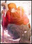  1boy blue_eyes cherry_blossoms closed_mouth crossed_arms grey_hakama hakama himura_kenshin holding holding_sword holding_weapon japanese_clothes kimono kuo_tasuku long_hair looking_at_viewer low_ponytail male_focus one_knee orange_hair red_kimono rurouni_kenshin scar scar_on_cheek scar_on_face sheath sheathed shiny shiny_hair smile solo sword weapon 