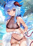  1girl ahoge armlet ass_visible_through_thighs bare_shoulders beach bikini black_bikini blue_hair blue_sky bow breasts cleavage cloud cloudy_sky collarbone commentary_request cowboy_shot day floating_hair ganyu_(genshin_impact) genshin_impact goat_horns grin hair_bow highres horns long_hair looking_at_viewer low_ponytail medium_breasts multi-strapped_bikini navel outdoors purple_eyes sarong see-through sidelocks sky smile solo squchan standing stomach string_bikini sunlight swimsuit thigh_gap thighlet thighs 