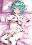 1girl :d alternate_breast_size animal_print bangs blush bottle breasts commentary_request cow_horns cow_print crop_top elbow_gloves feet_out_of_frame finger_to_mouth gloves green_hair highres hololive horns large_breasts looking_at_viewer lying maid_headdress medium_hair miniskirt on_back on_bed open_mouth pillow print_gloves print_legwear print_shirt print_skirt red_eyes scrunchie shirt shushing skirt smile solo thighhighs uruha_rushia virtual_youtuber white_gloves white_legwear white_shirt white_skirt yuano 