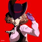  1girl :d ascot brown_feathers gloves hat hat_feather hayatetsujimoto highres lips long_sleeves looking_at_viewer okumura_haru open_mouth persona persona_5 pink_shirt purple_eyes purple_gloves purple_headwear red_background shirt simple_background smile solo upper_body white_neckwear 